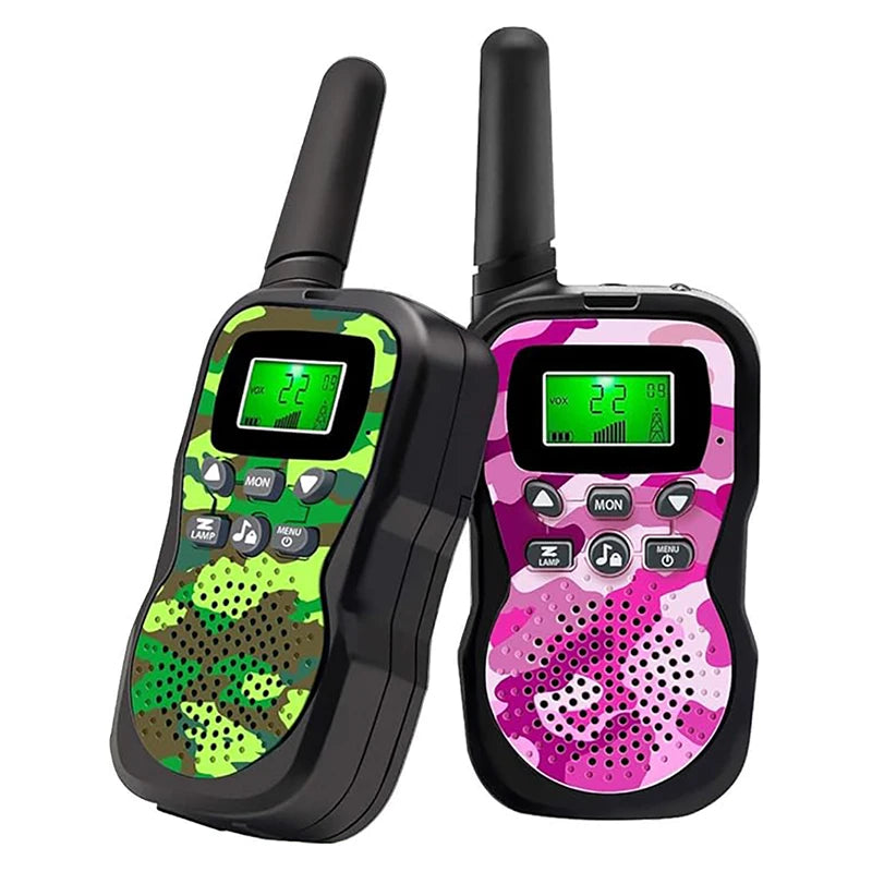 A pair of black walkie-talkies with pink and green accents and digital displays are shown.