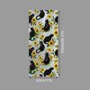 A vertical sheet of floral stained glass window film featuring black cats and yellow flowers on a light background.
