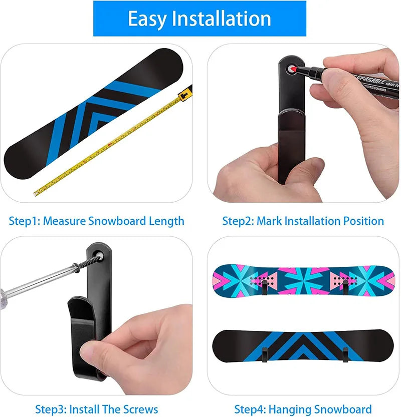 Instructions for easy installation of snowboard wall mount clips using screws, showing measurement and marking steps.