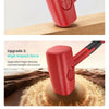 Close-up view of a red rubber mallet demonstrating three upgrades for high impact and safe striking.