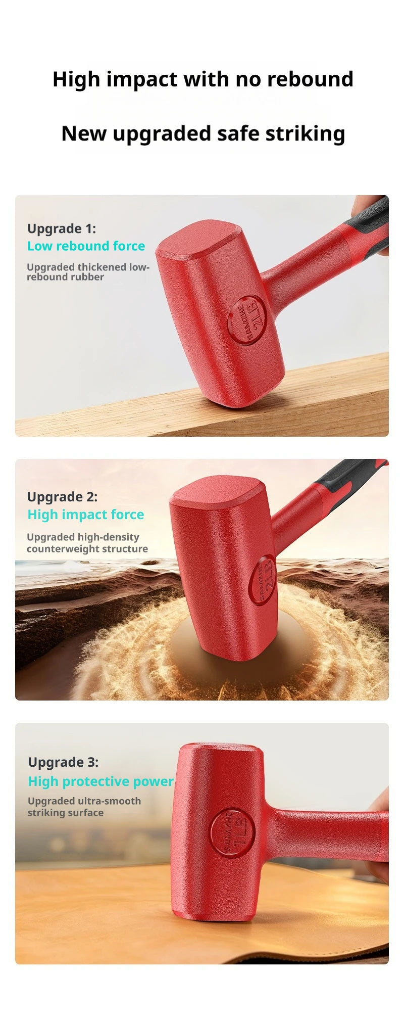 Close-up view of a red rubber mallet demonstrating three upgrades for high impact and safe striking.