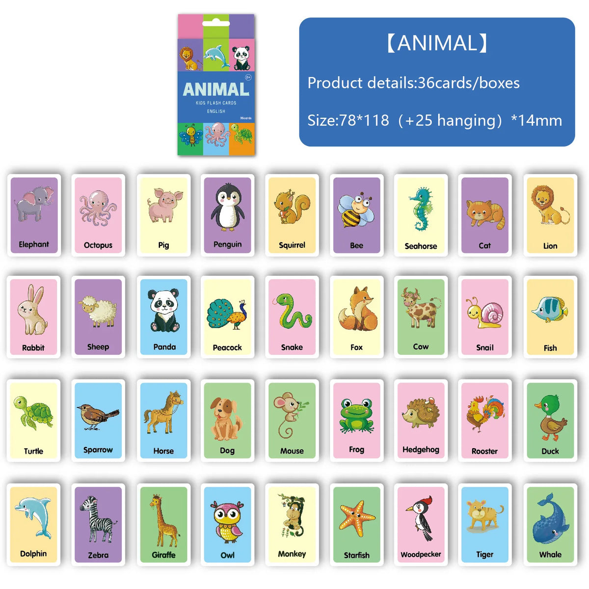 A set of 36 animal shape and color time flash cards for early learning, featuring various animals like elephant, penguin, cat