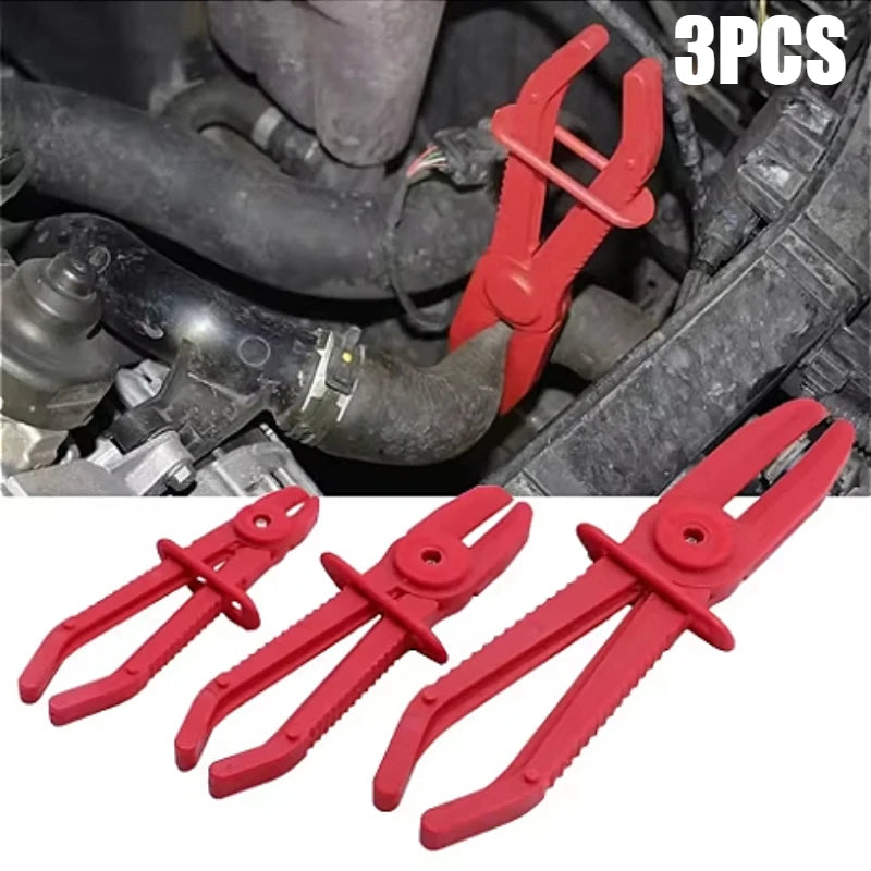 A set of three red hose clamp pliers for car repair tools.
