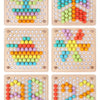 A set of wooden bead maze puzzles featuring colorful beads arranged in various patterns for toddlers.