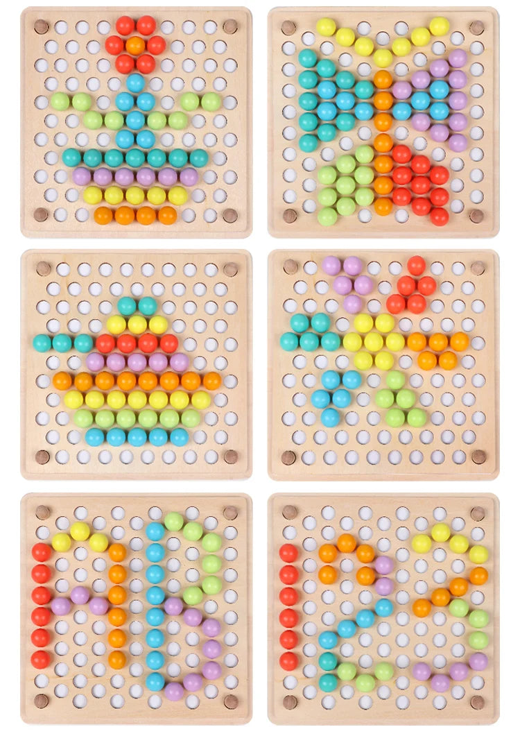 A set of wooden bead maze puzzles featuring colorful beads arranged in various patterns for toddlers.