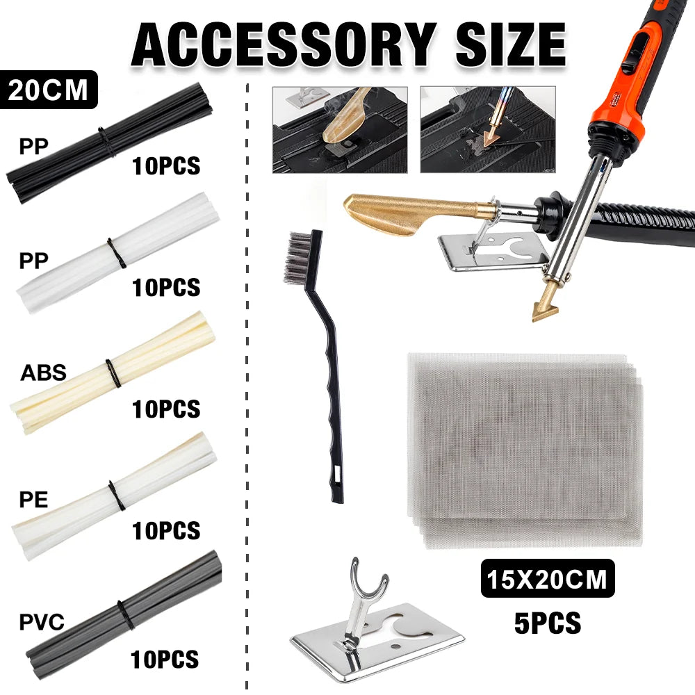 Assortment of accessory sizes and types for a multifunctional hot stapler iron including various tips and tools