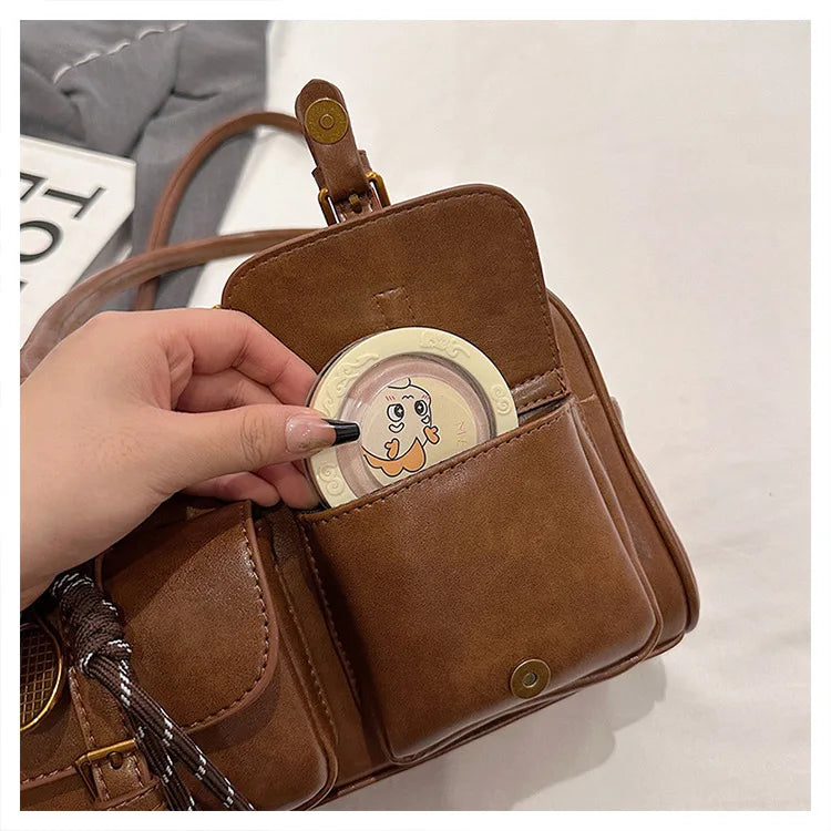 Women's Retro PU Leather Shoulder Bag with Multiple Pockets & Detachable Charm