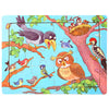 A colorful wooden jigsaw puzzle featuring various birds and woodland animals on a blue background.