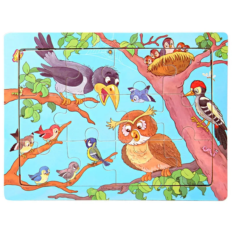 A colorful wooden jigsaw puzzle featuring various birds and woodland animals on a blue background.
