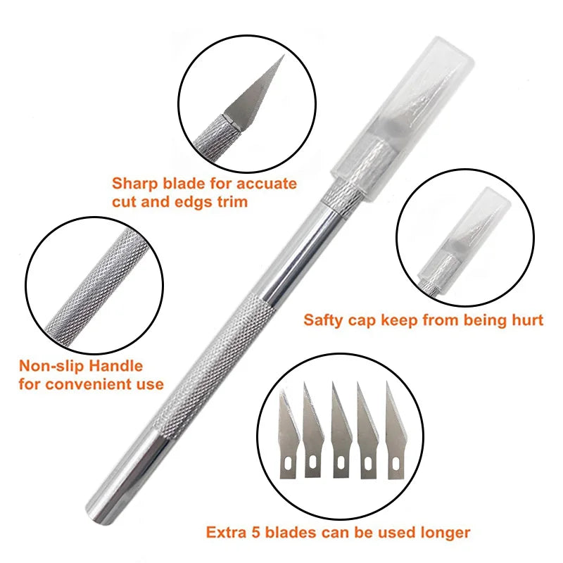 A professional car window tint kit featuring a metal blade, non-slip handle, and five extra blades.