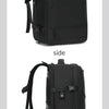 A black durable nylon travel laptop backpack shown from the side and positive side.