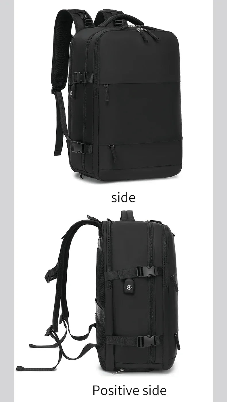 A black durable nylon travel laptop backpack shown from the side and positive side.