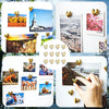 A collection of twelve gold heart-shaped refrigerator magnets featuring various scenic and floral images.