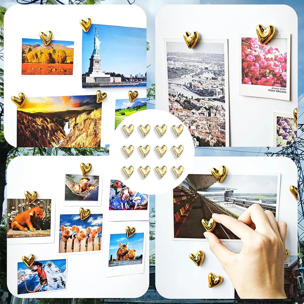 A collection of twelve gold heart-shaped refrigerator magnets featuring various scenic and floral images.