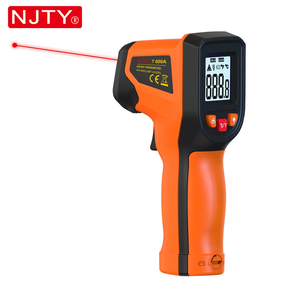 Orange digital infrared thermometer gun with a red laser line indicating measurement area.