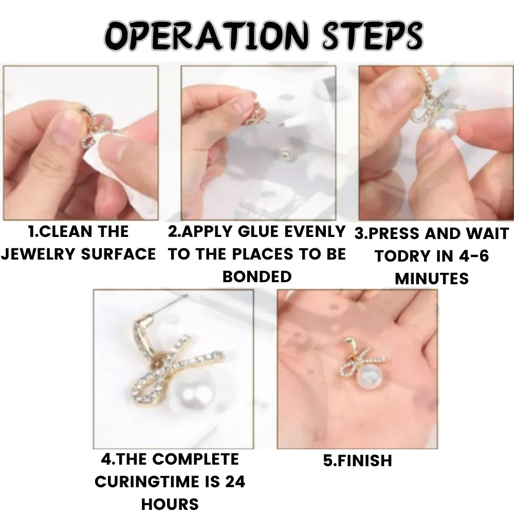 Five steps for bonding jewelry using clear multi-surface epoxy glue including cleaning, applying glue, pressing, and curing.