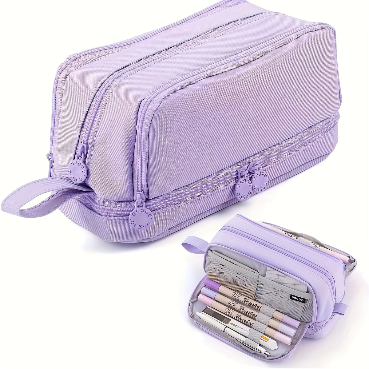 A lavender fabric pencil case with multiple zippered compartments and a strap is shown.