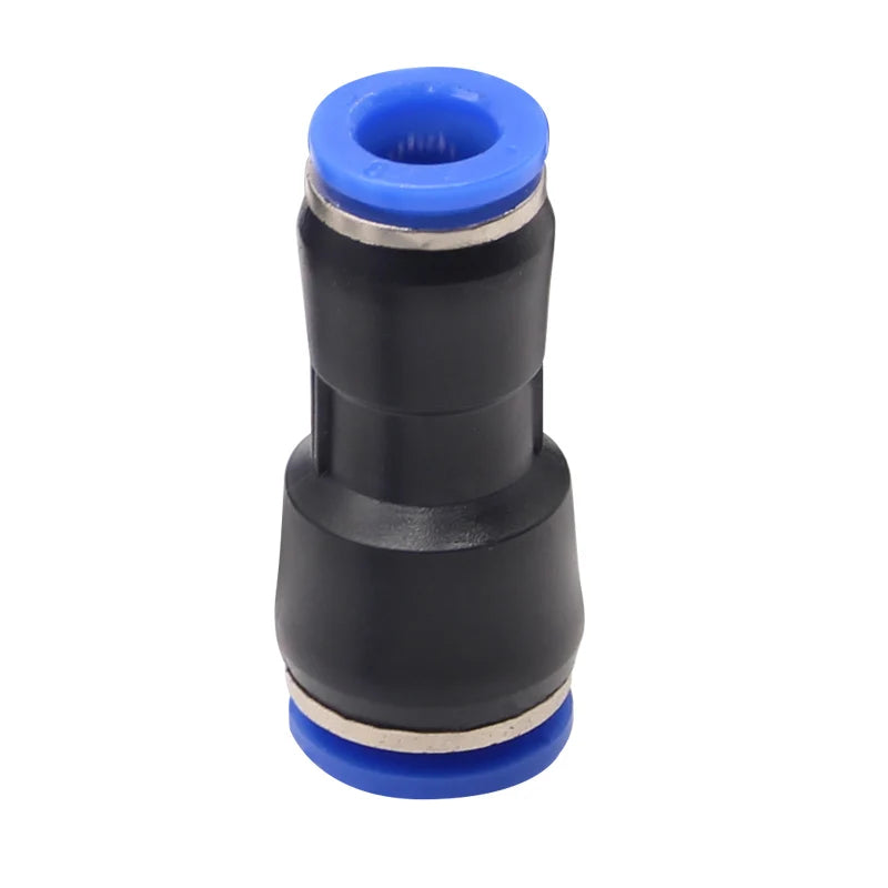 Industrial pneumatic push-to-connect fitting with a black body and blue cap