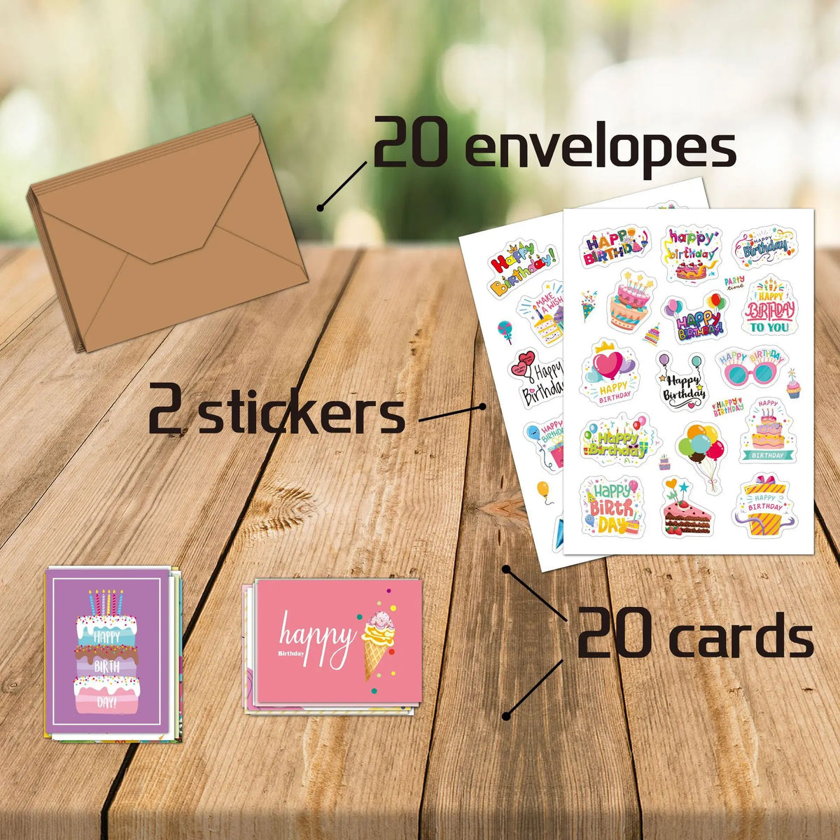 Set of 20 Happy Birthday Cards with Envelopes and Stickers