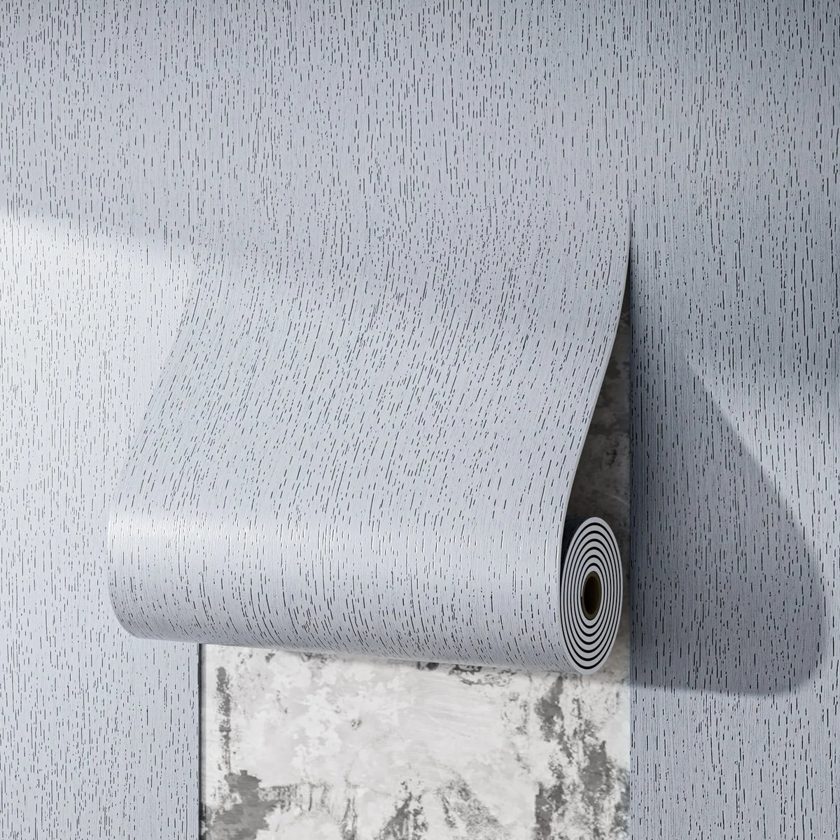 A roll of self-adhesive wood grain wall sticker is displayed against a light gray wall.