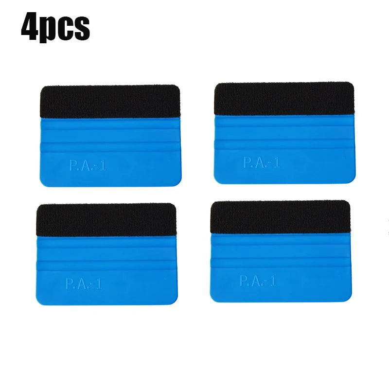 Four blue and black suede felt squeegees for car vinyl wrap and window tint installation