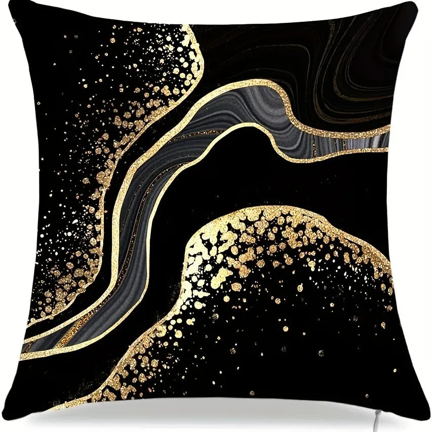 Black throw pillow cover with a wavy gold dot pattern design
