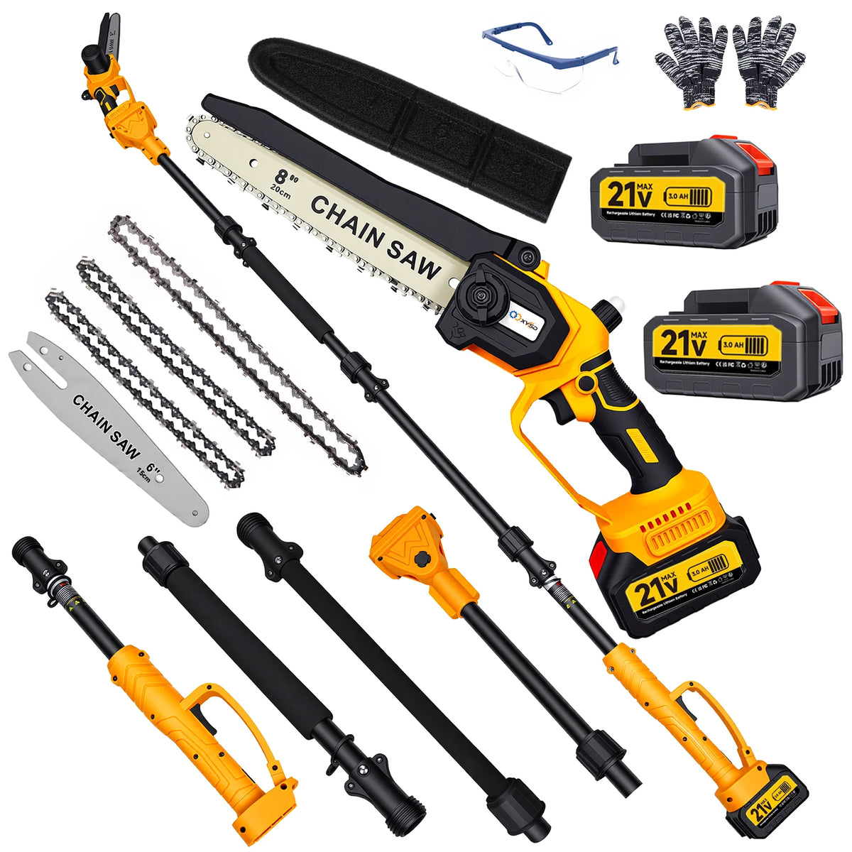 A collection of a 2-in-1 cordless pole saw with a 9-foot extension and dual 21V batteries, including a chainsaw and various a