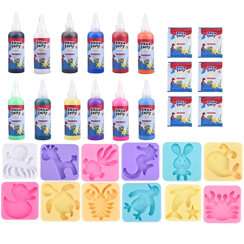 A collection of DIY 3D water elf craft kits featuring various colored bottles and corresponding elf-themed molds.