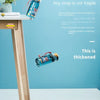 A blue cartoon straw water bottle is displayed on a wooden table against a light blue background.