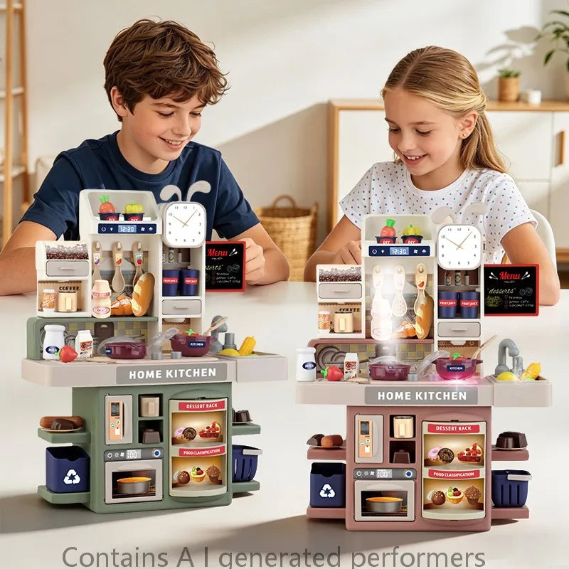 Kinder-Küchenspielset mit realistischen Lichtern und Wasserfunktionen wird auf einem Tisch von zwei Kindern präsentiert.