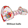A pink and white ball pit play tent with a crawl tunnel, shown without balls.