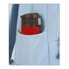 A close-up of a red and brown cylindrical item stored in a pocket of a light blue nylon backpack.