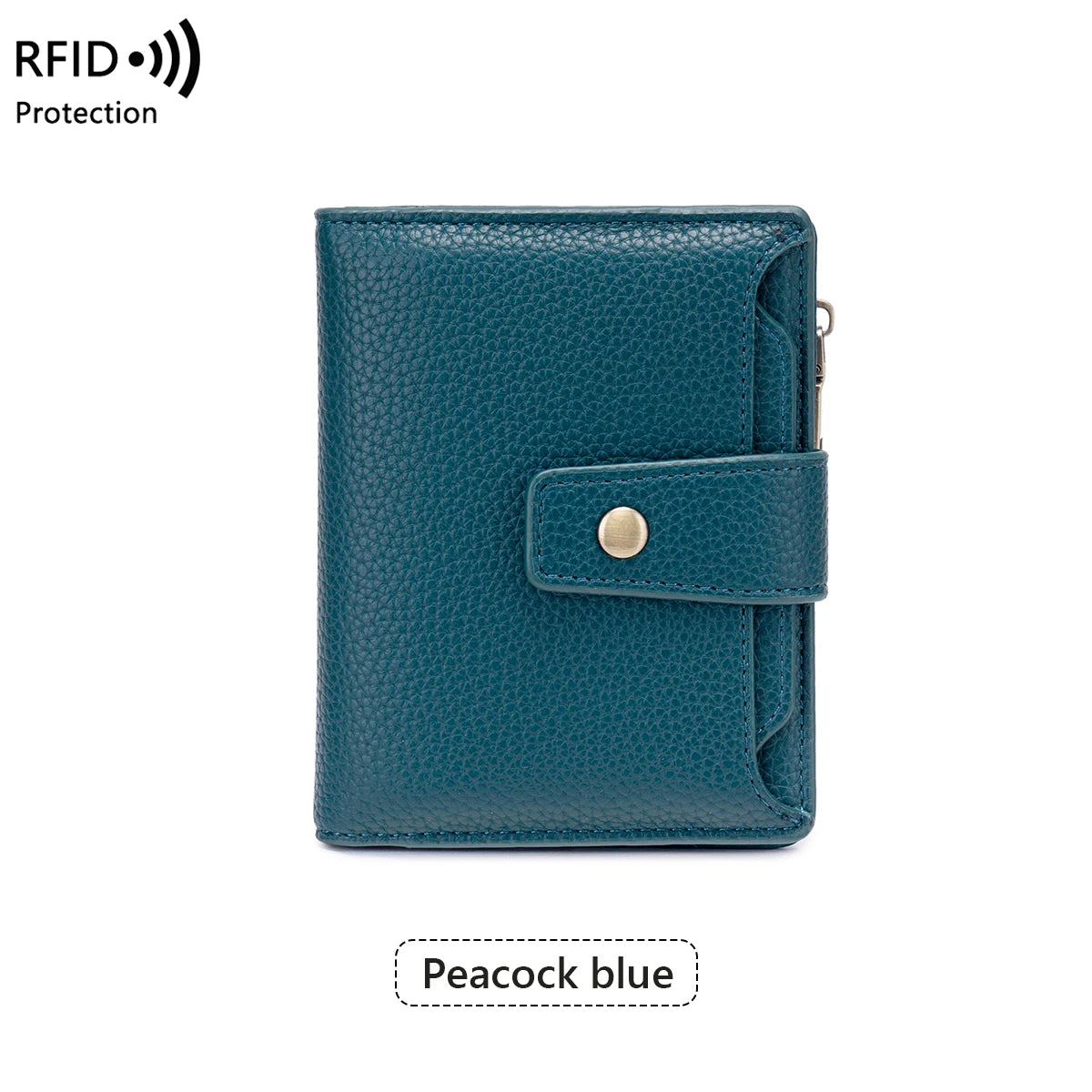 A teal blue RFID-blocking bi-fold wallet with a gold accent, shown against a white background.