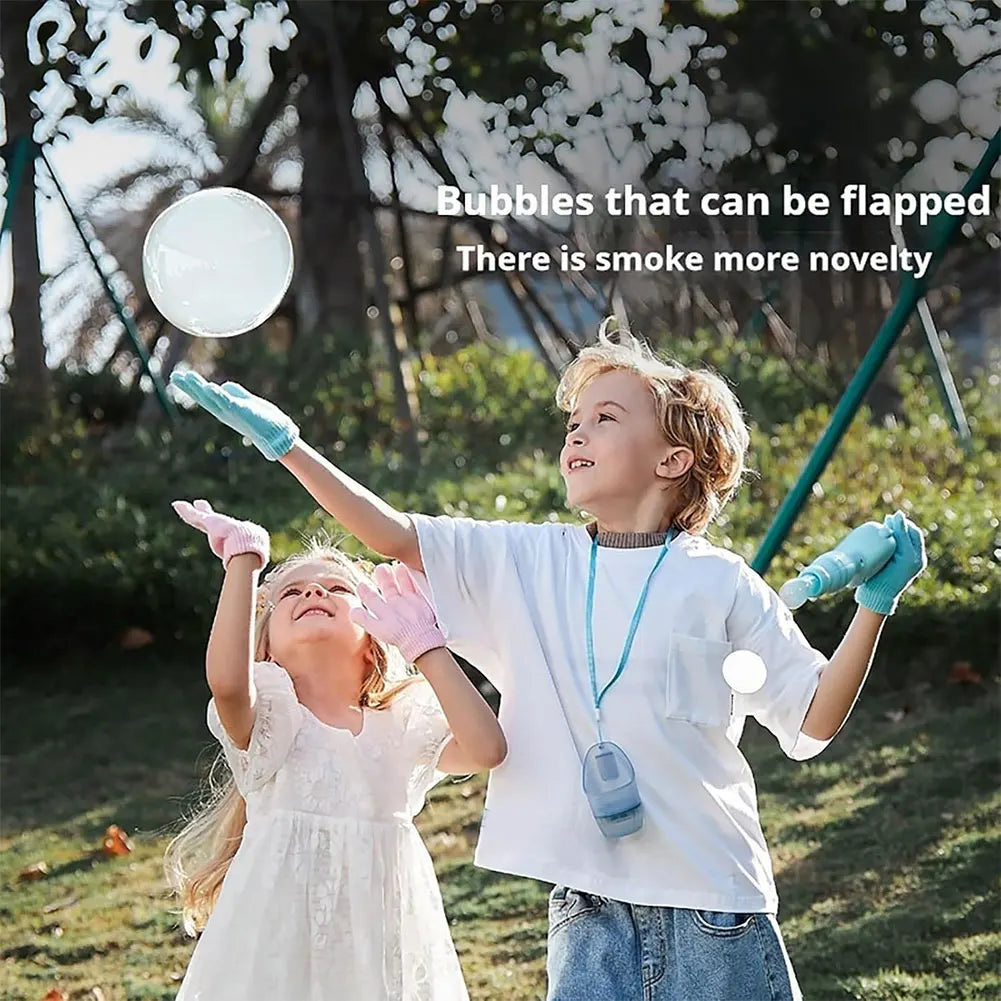 A young boy and girl are playing with a magic smoke bubble machine outdoors.