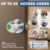 A silver smart fingerprint door lock installed on a wooden door, showing various access code options.