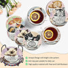 A set of nine decorative coasters featuring cats and coffee designs with metal stands