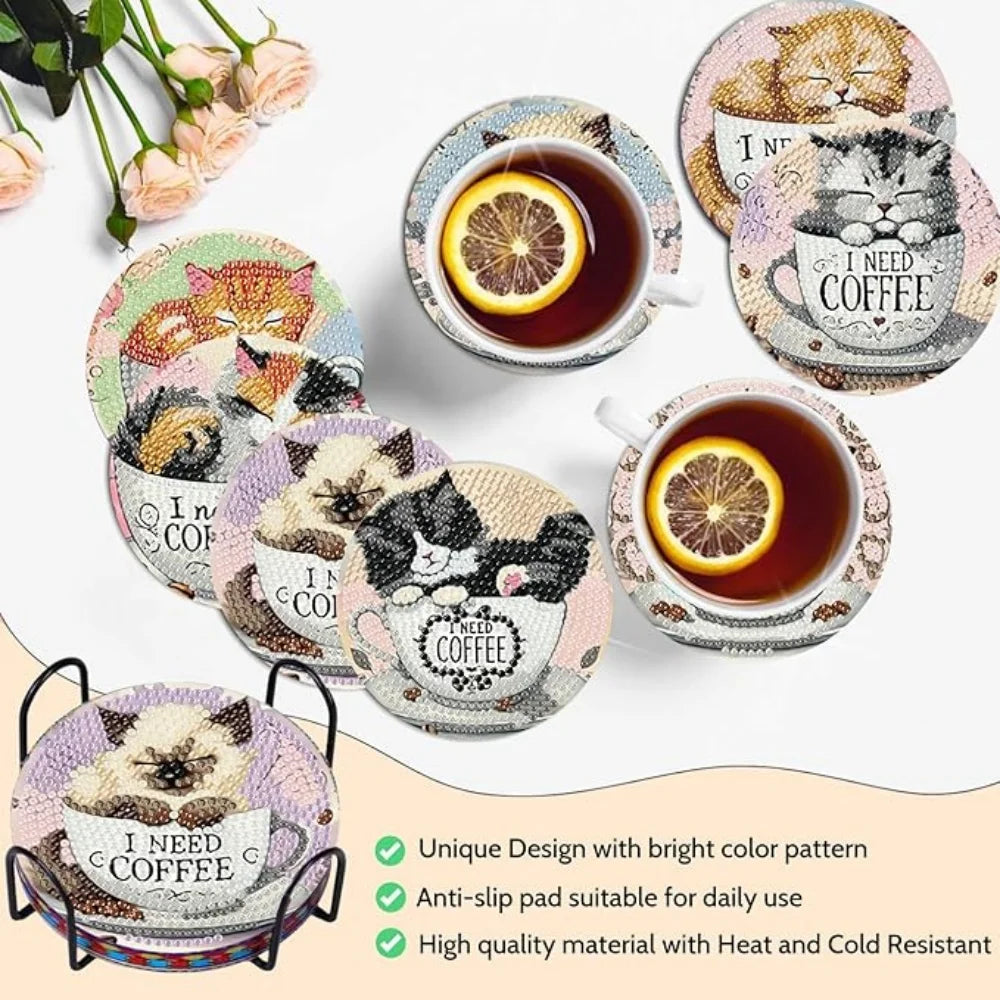 A set of nine decorative coasters featuring cats and coffee designs with metal stands