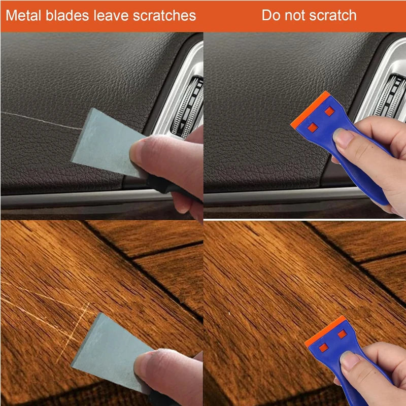 Comparison of metal blades leaving scratches versus a plastic razor blade scraper removing stickers and labels.
