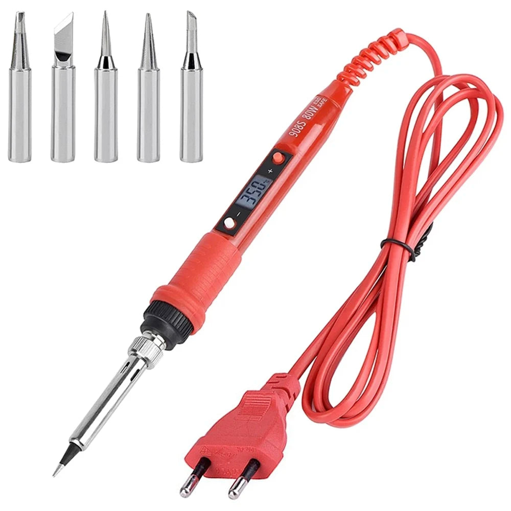 An 80W adjustable temperature soldering iron with an LCD display and a red cord, shown alongside various tips.