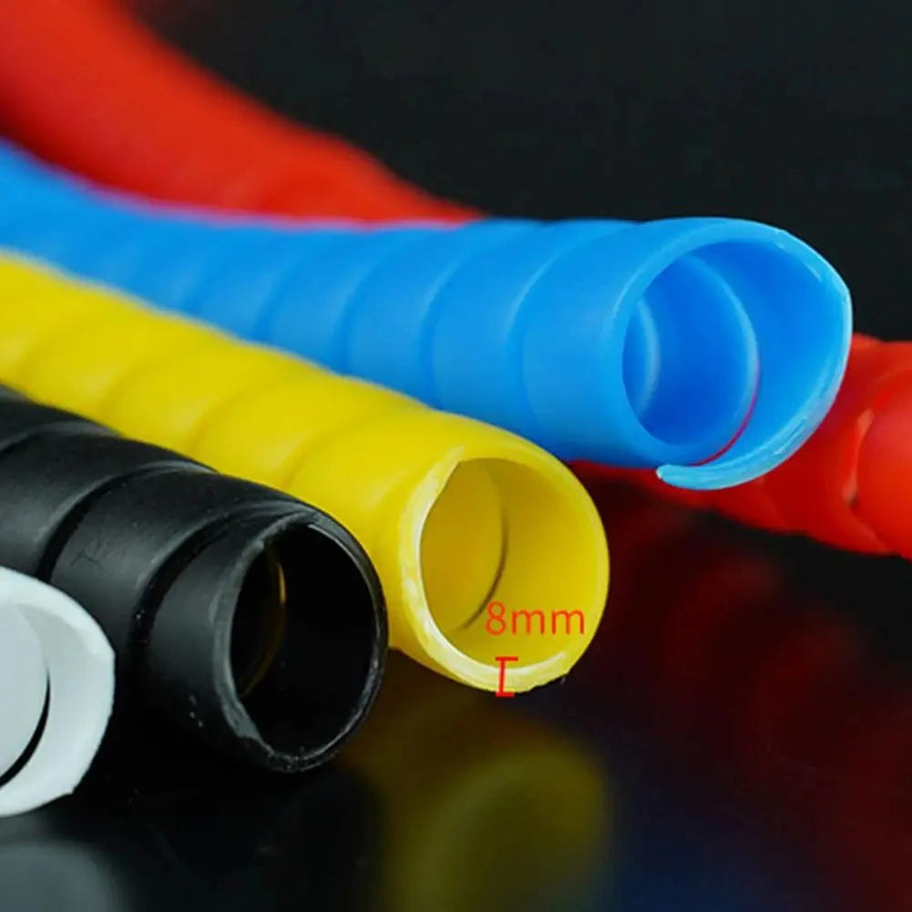 A close-up of various colored cable protector sleeves, including red, blue, yellow, and black, showing an 8mm diameter.