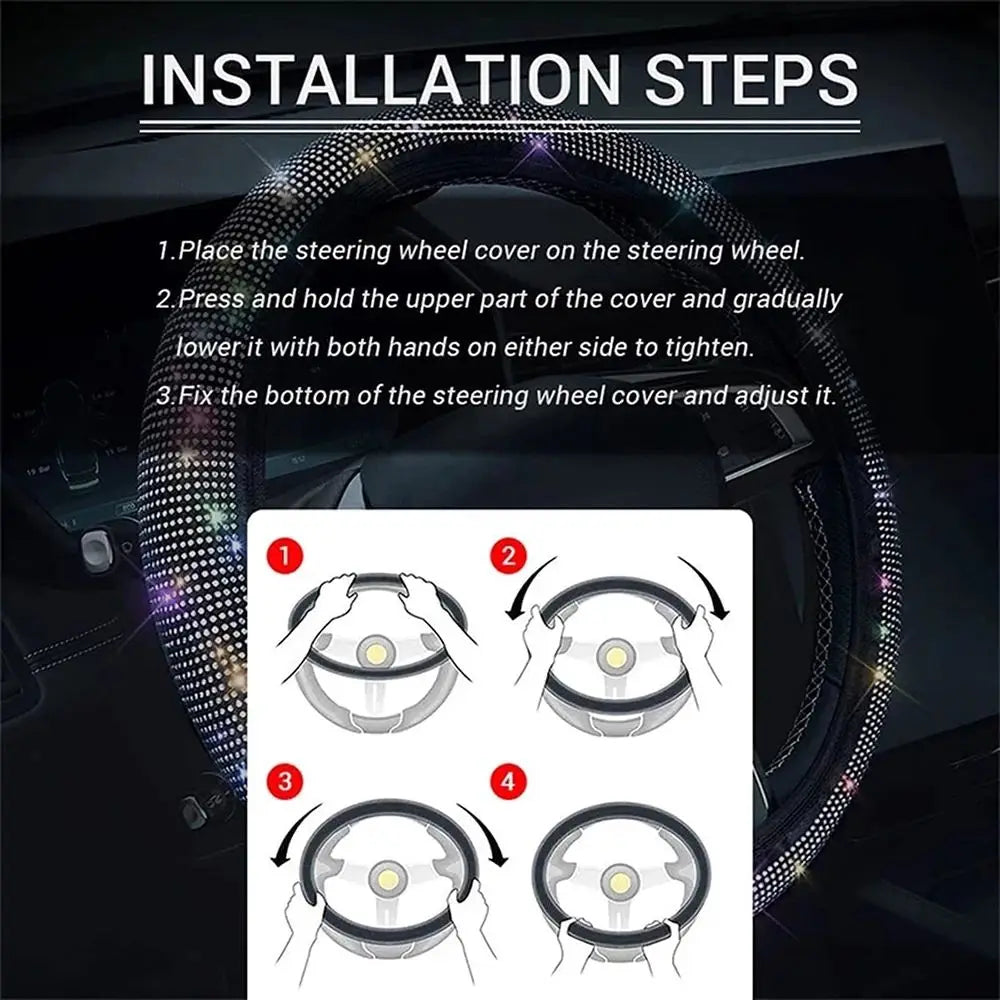 Installation steps showing how to place and fix a crystal rhinestone steering wheel cover.