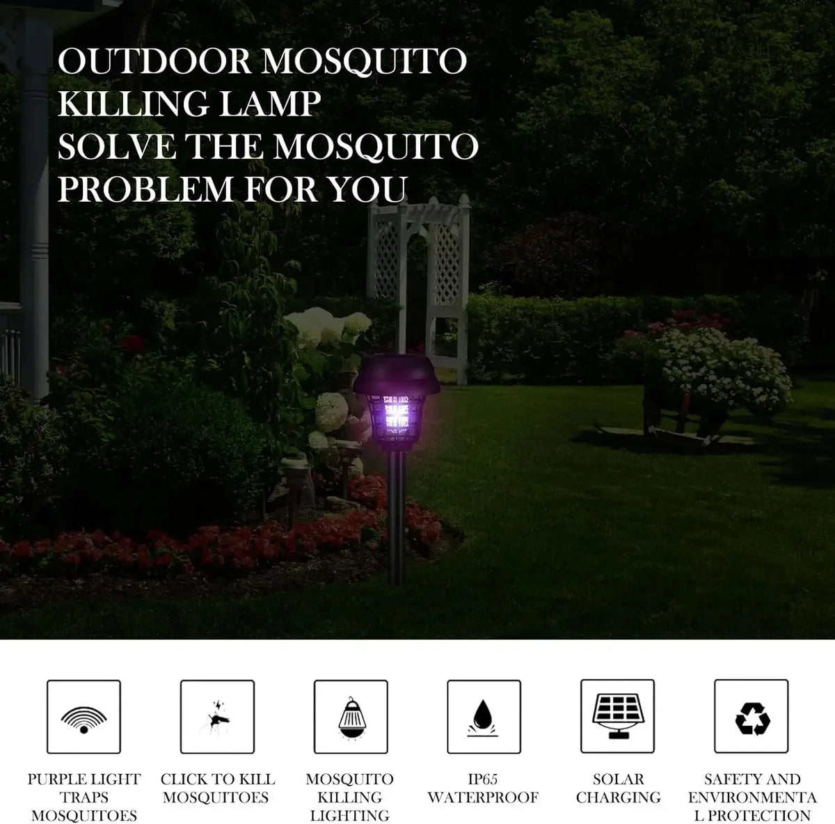 A purple light mosquito killing lamp outdoors in a garden setting.