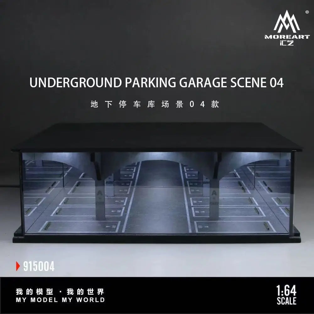 A 1:64 scale miniature underground parking garage diorama kit with integrated lighting.