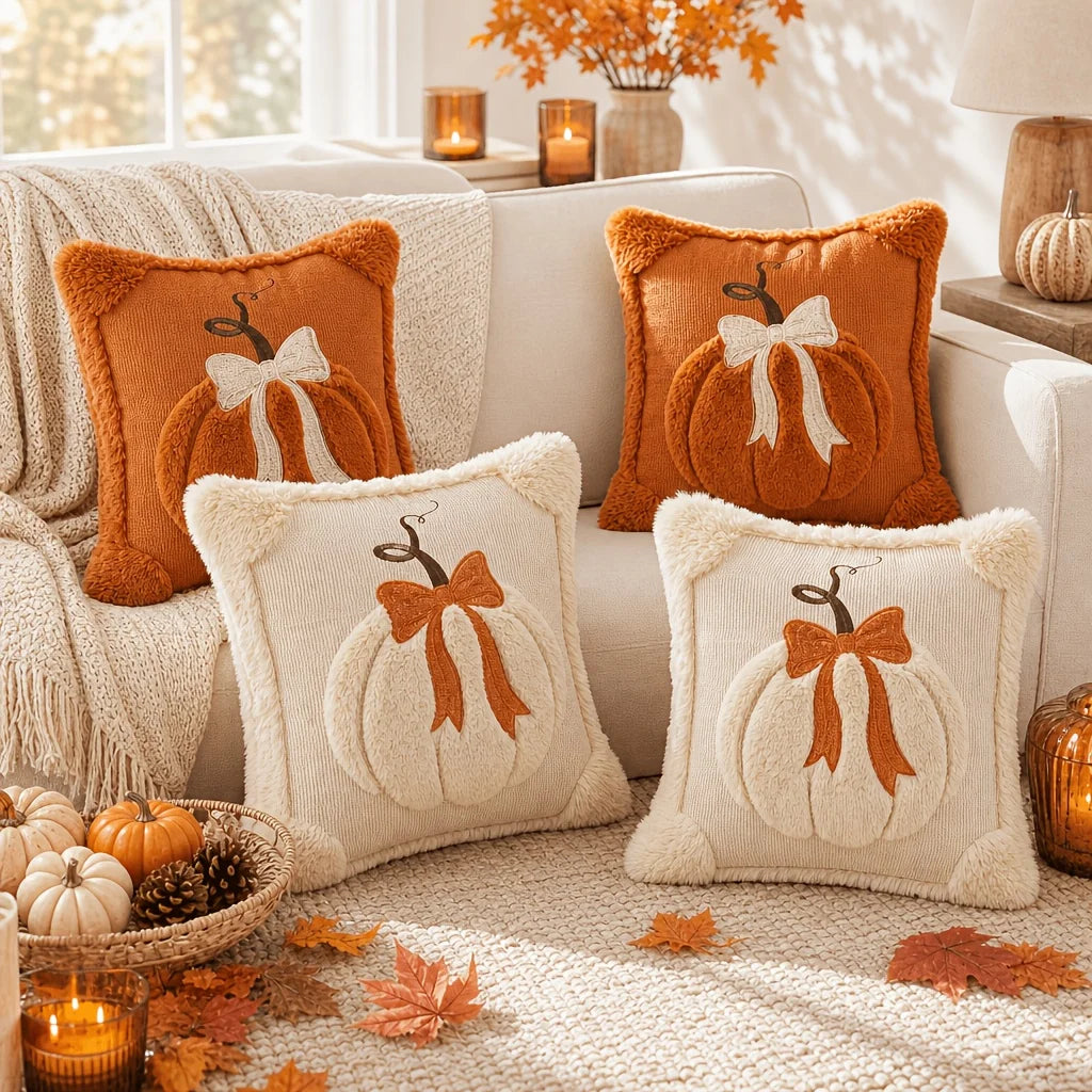Set of 2 Autumn Pumpkin Throw Pillow Covers with 3D Jacquard Design