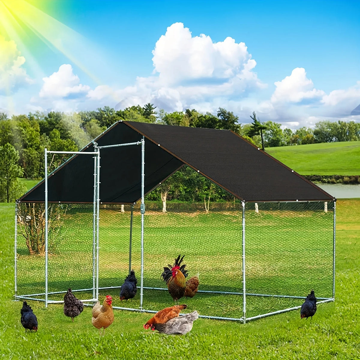 A black shade cloth structure with reinforced edges and grommets set up in a grassy field under a blue sky.