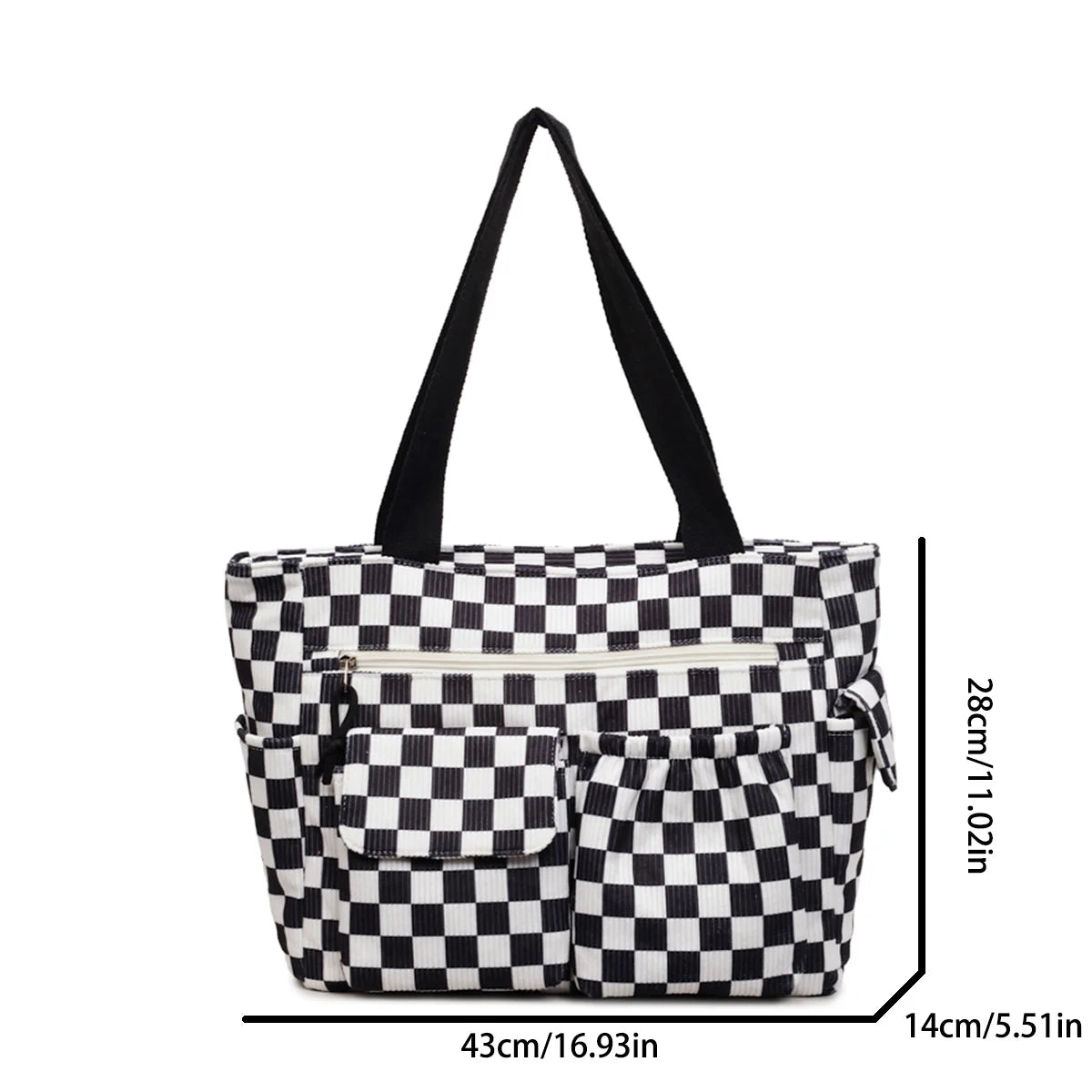 Corduroy Checkerboard Tote Bag with Multiple Pockets