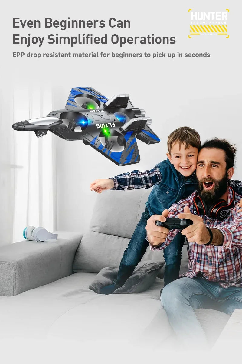 A boy is flying an EPP drop resistant stunt plane toy in a living room setting.