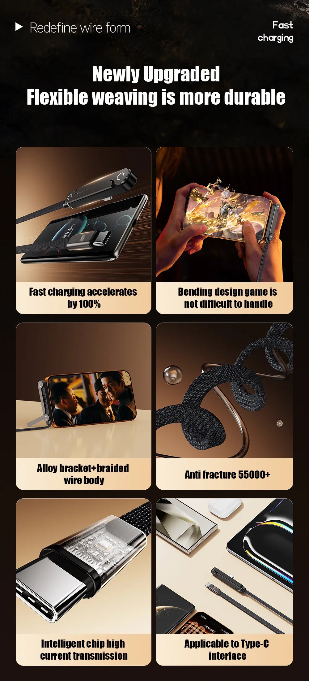 A flexible weaving charging cable and foldable phone stand demonstrating fast charging and durable design.