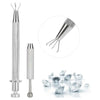 A silver precision 4-claw pick-up tool for jewelry making and crafting shown in various forms.
