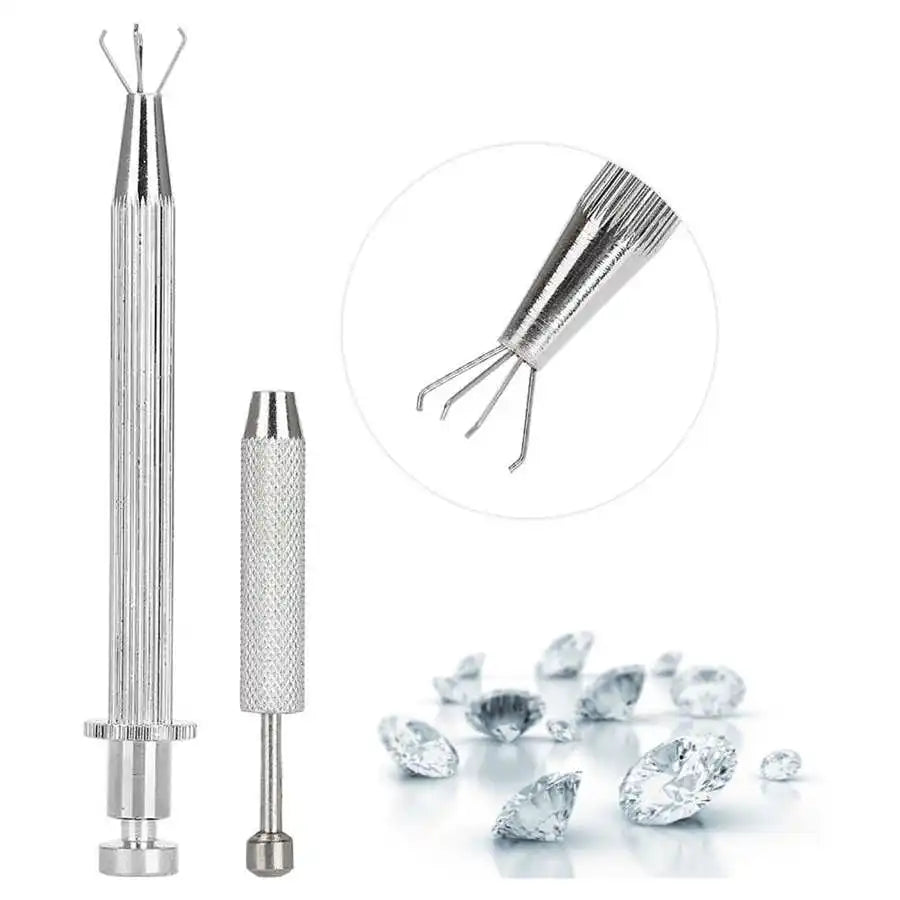 A silver precision 4-claw pick-up tool for jewelry making and crafting shown in various forms.